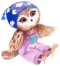  Owl bird. ÃÂ¡artoon owl. Cool Watercolor picture.